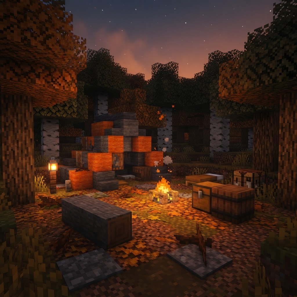 Minecraft abandoned camp with wool tent and campfire