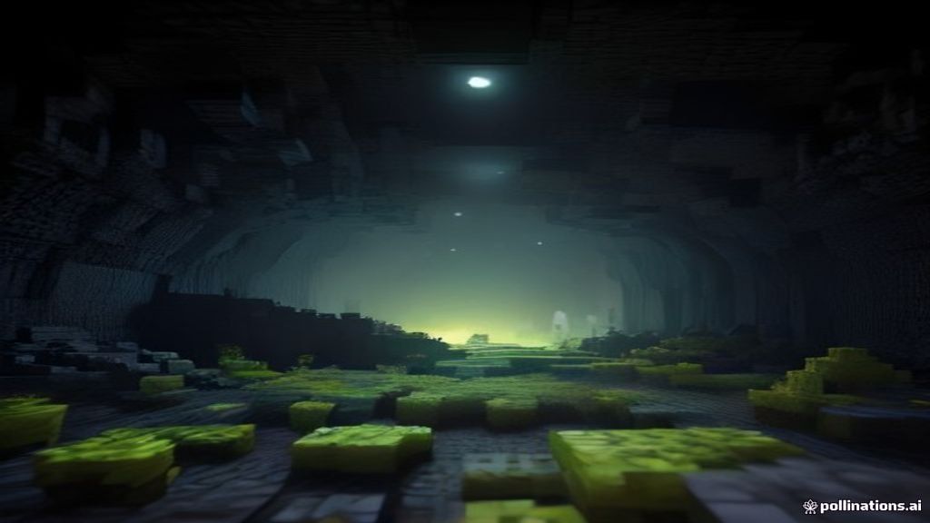 Minecraft voxel style underground sulfur cave with glowing yellow crystals and dark blue atmospheric lighting