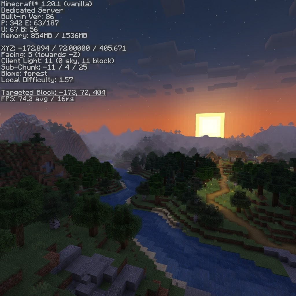 Minecraft voxel style landscape at sunset with fog blending into the horizon and green debug text overlay