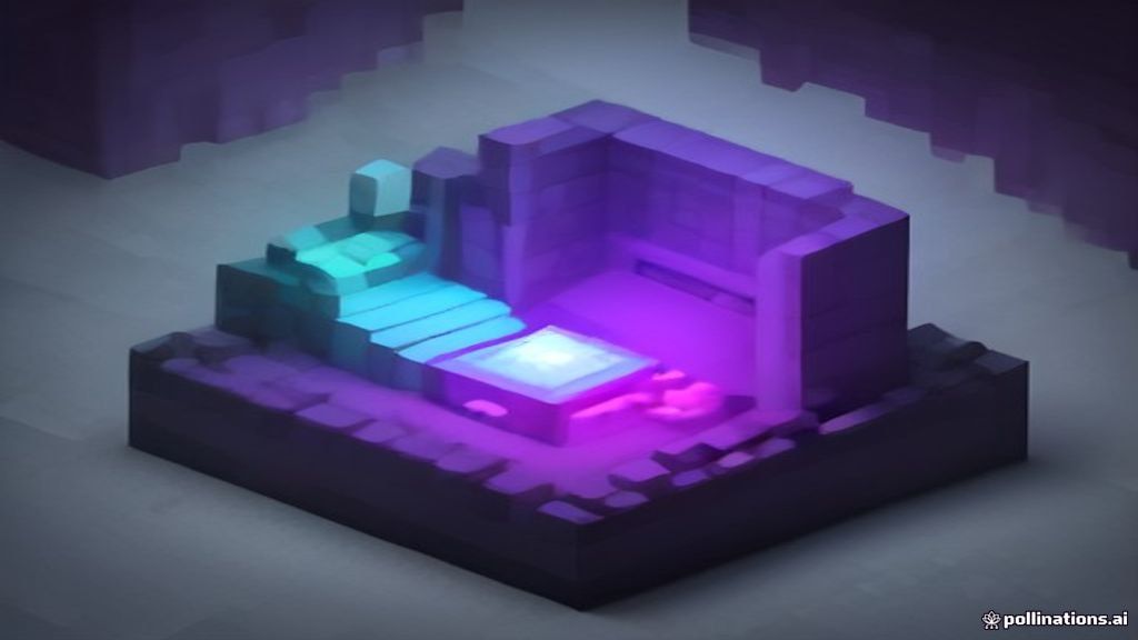 Minecraft voxel style dungeon entrance with glowing loot chests and purple portal
