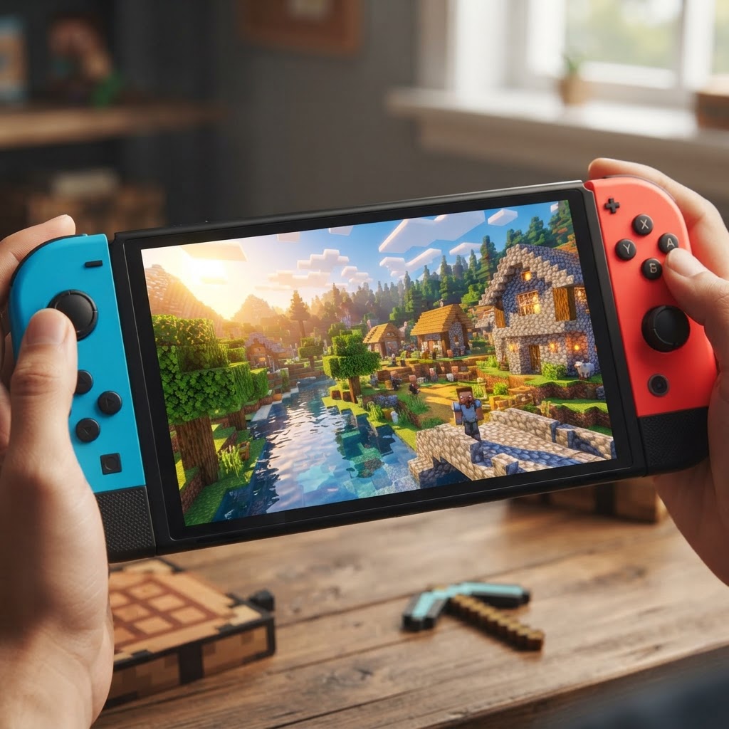 Minecraft voxel style world on a Nintendo Switch 2 handheld with vibrant lighting, volumetric fog, and colorful blocks