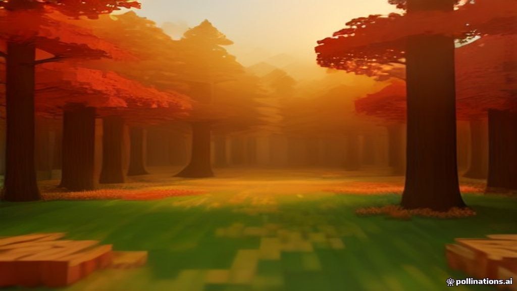 Minecraft voxel style autumn forest with tall poplar trees in red, orange and yellow leaves