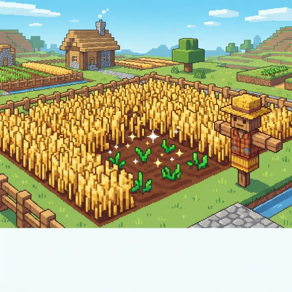Illustration of a blocky wheat farm where harvested spots instantly regrow sprouts — not an in-game screenshot