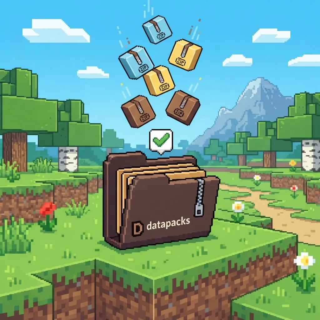 Voxel-style illustration of zip files dropping into a datapacks folder