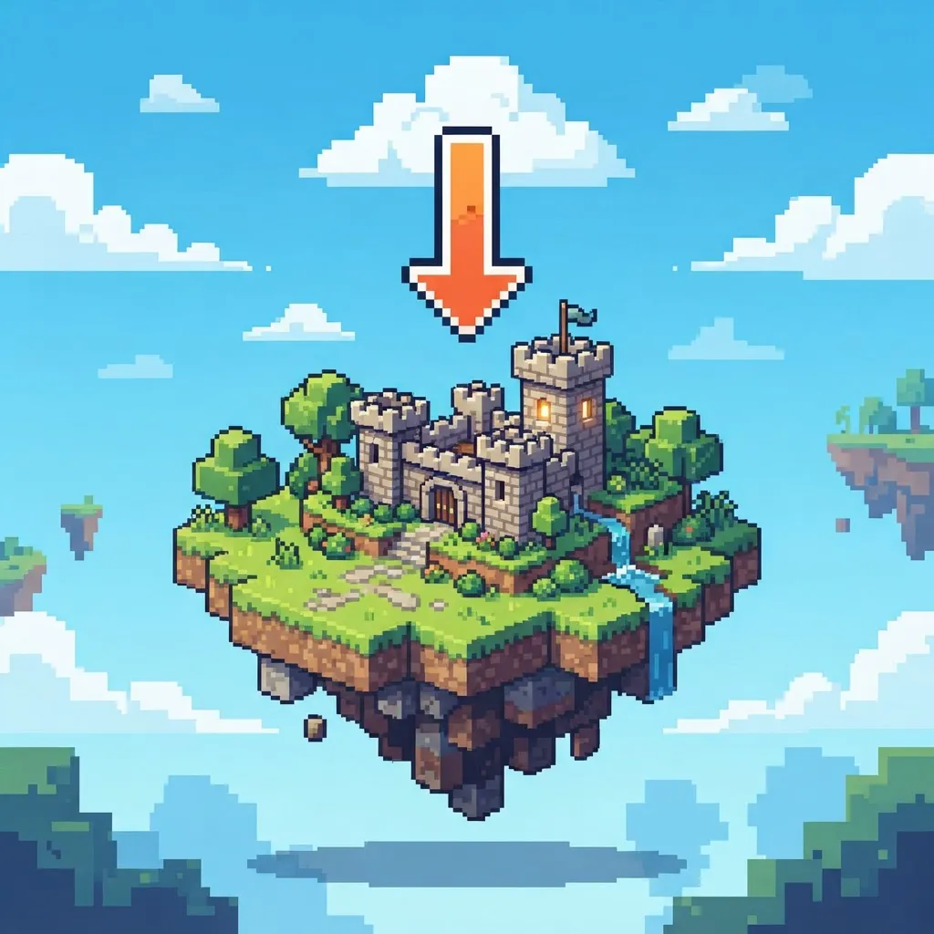 Illustration of a blocky floating island realm with a castle and an upload arrow — not an in-game screenshot