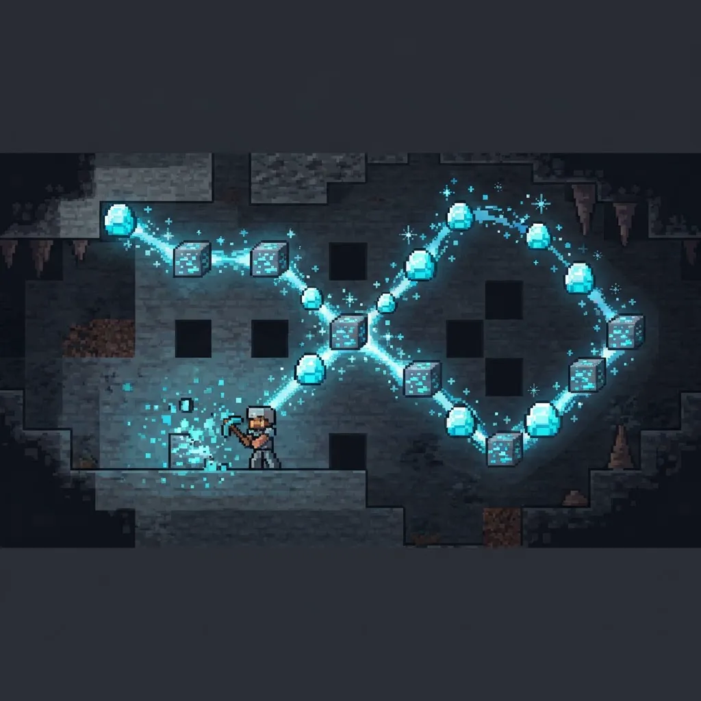 Illustration of one diamond ore break triggering a chain reaction through a connected ore vein — not an in-game screenshot
