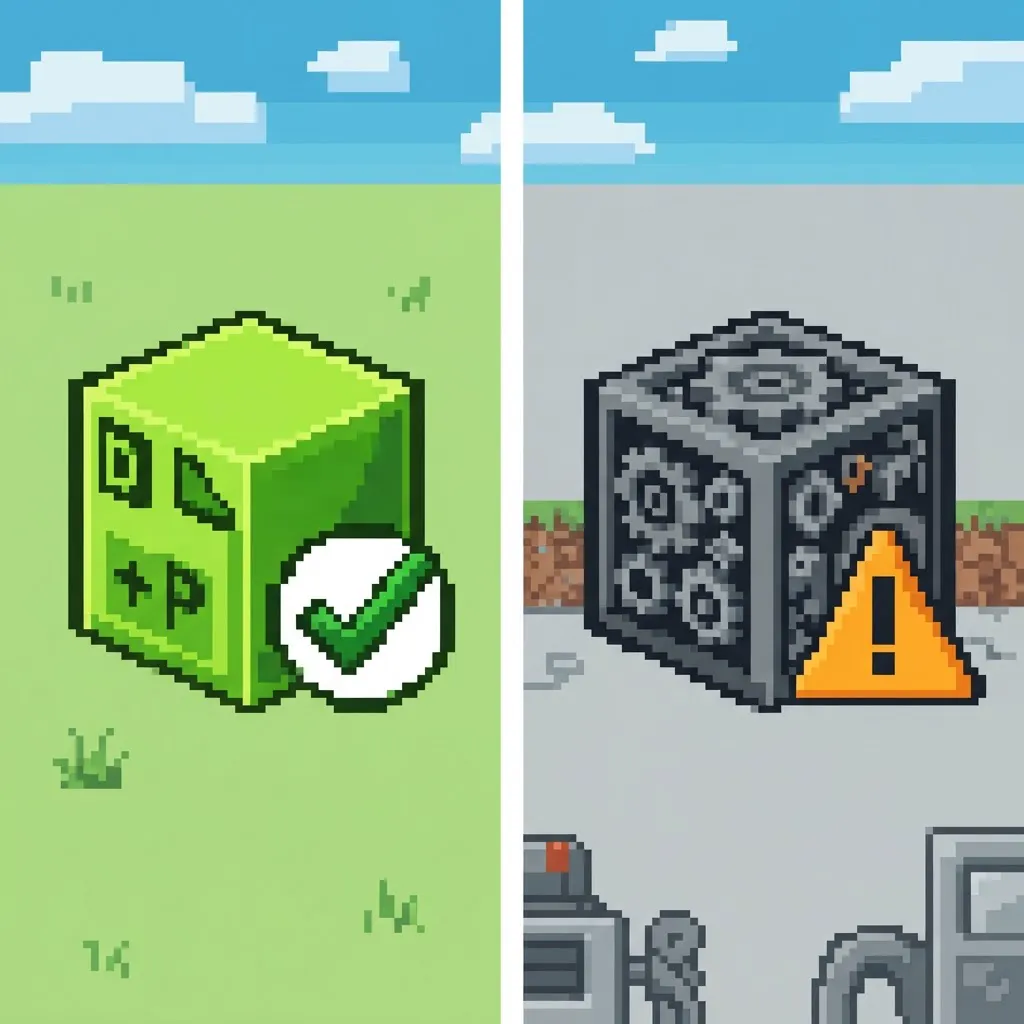 Split illustration comparing a green datapack cube versus a grey mod gear — not an in-game screenshot