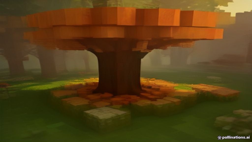 Minecraft voxel style autumn dappled forest with large shelf mushrooms growing on fallen poplar tree logs