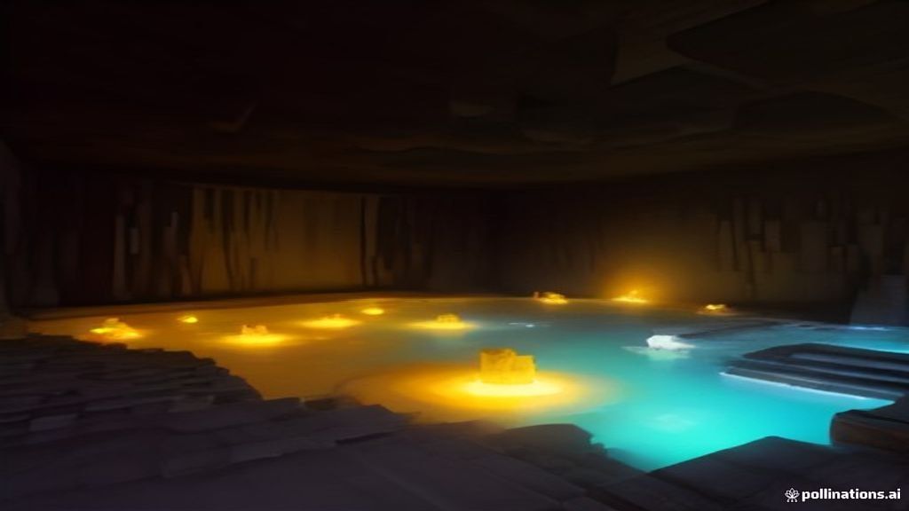 Minecraft voxel style underground sulfur cave with glowing yellow sulfur crystals, orange cinnabar bands, and bubbling water pools
